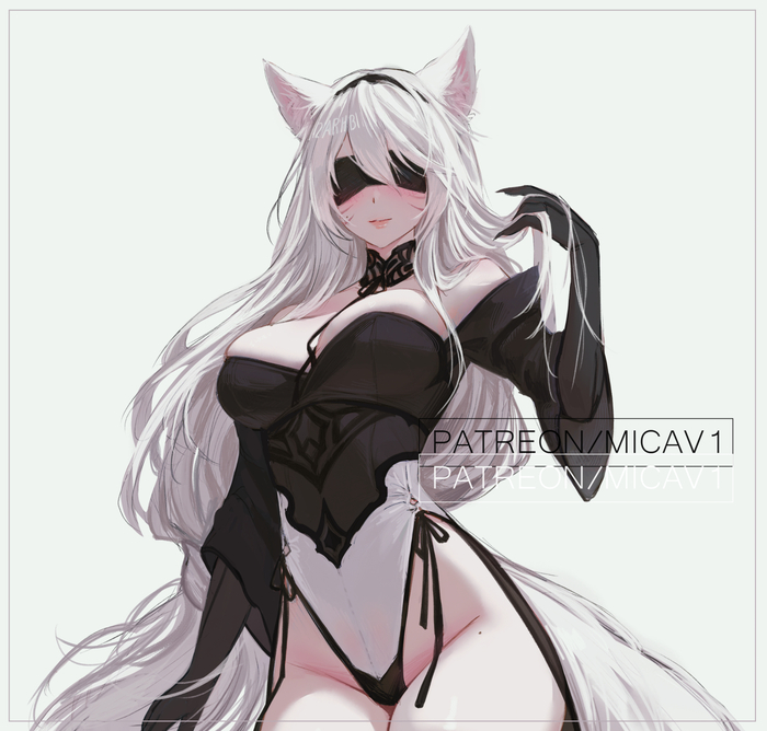 Yorha 2AhrB - 18+, Anime art, Anime, NIER Automata, Yorha unit No 2 type B, Twitter (link), League of legends, Ahri, Animal ears, Longpost, NSFW