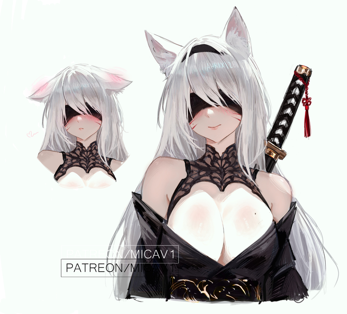 Yorha 2AhrB - 18+, Anime art, Anime, NIER Automata, Yorha unit No 2 type B, Twitter (link), League of legends, Ahri, Animal ears, Longpost, NSFW