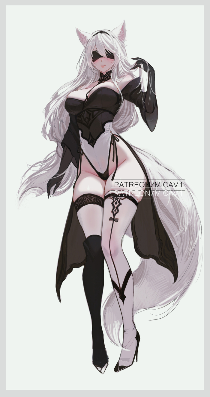 Yorha 2AhrB - 18+, Anime art, Anime, NIER Automata, Yorha unit No 2 type B, Twitter (link), League of legends, Ahri, Animal ears, Longpost, NSFW