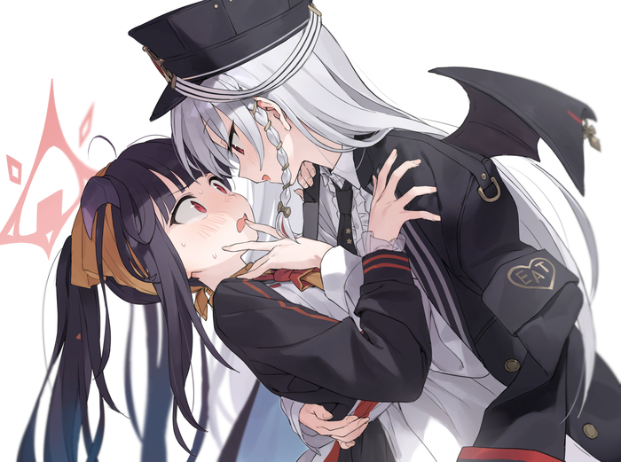 The predator caught the prey - 18+, Anime, Anime art, Yuri, Aikiyo Fuuka, Kurotate Haruna, Blue archive, Girl with Horns, NSFW