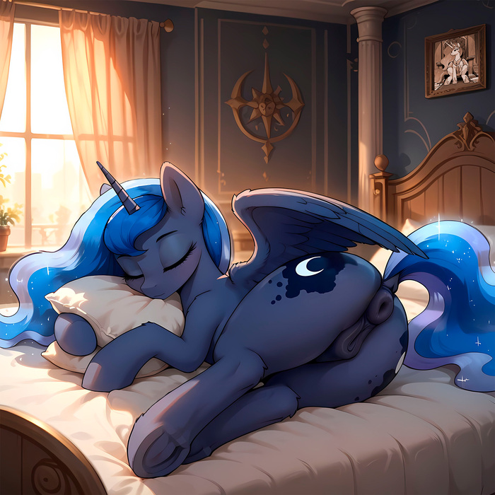 Rest after a night shift - 18+, My, Neural network art, My little pony, MLP Explicit, Princess luna, NSFW