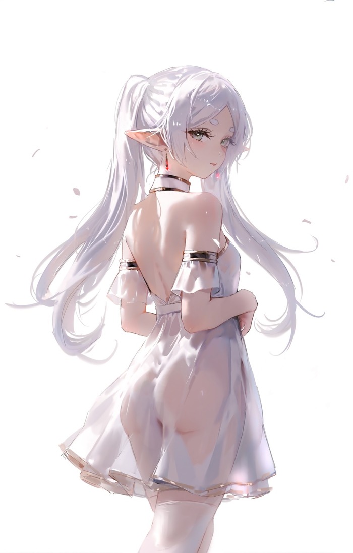 Transparent dress - 18+, Art, Anime, Sousou no Frieren, Anime art, Frieren, Back, Booty, Elves, Earrings, Hand-drawn erotica, NSFW