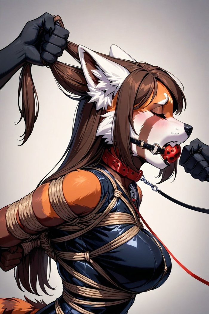 Furry art by Wolfmks #279 - 18+, My, Neural network art, Art, Furry, Furry art, Furry red panda, Gag, Shibari, Collar, Colorful hair, Ears, Furotica, Furotica female, NSFW