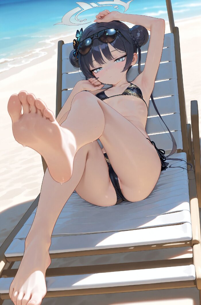 On the beach - 18+, Anime, Anime art, Kisaki, Blue archive, Bikini, Foot fetish, Sunglasses, Neural network art, NSFW