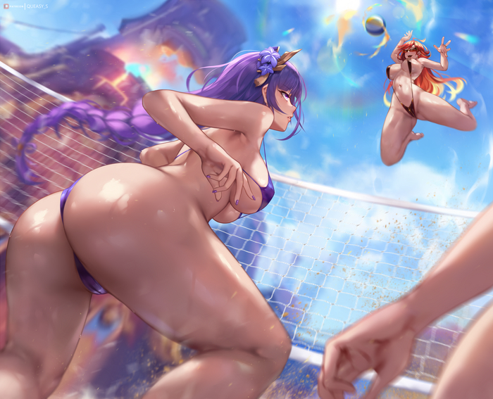 Games of the Archons - 18+, Anime art, Anime, Genshin impact, Raiden Shogun (Genshin Impact), Mavuika (Genshin Impact), Volleyball, Swimsuit, Booty, Queasys, NSFW