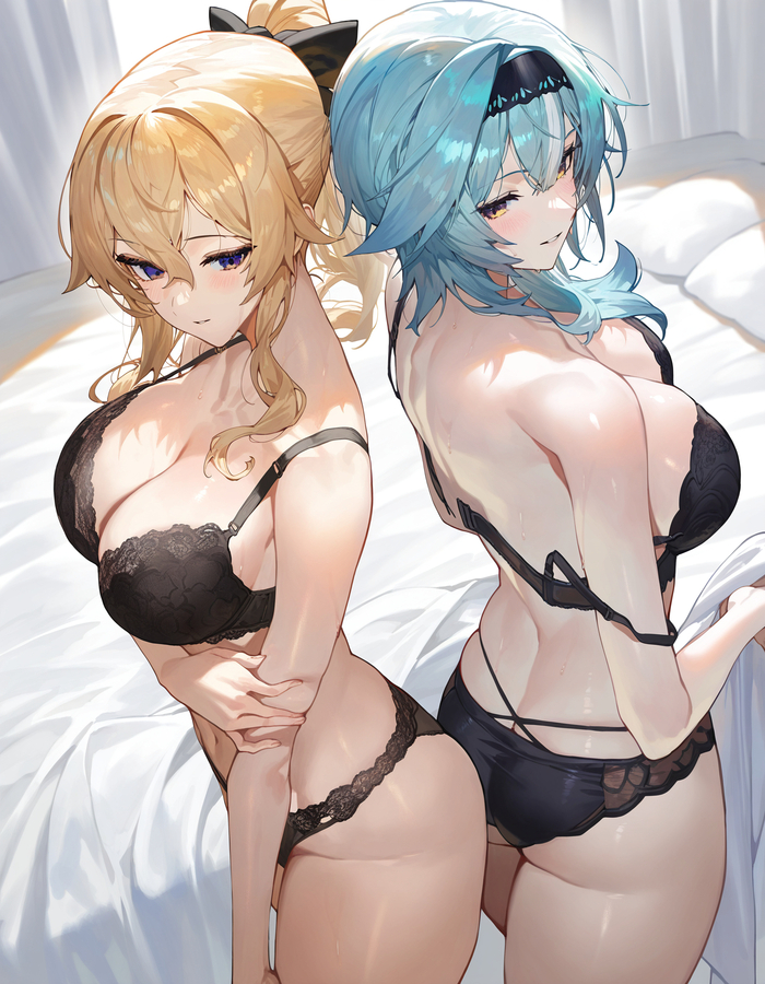 Gin and Eola - 18+, Anime, Anime art, Jean (Genshin Impact), Eula (Genshin Impact), Genshin impact, Underwear, Boobs, Booty, Girls, Neural network art, NSFW