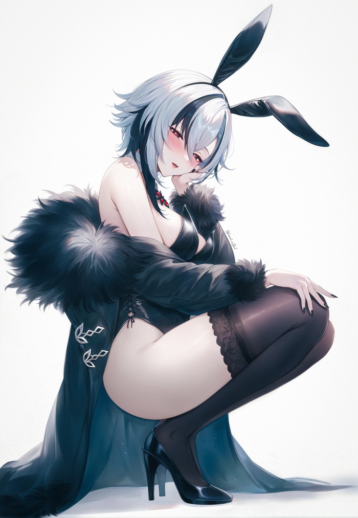 Arlecchino - 18+, Art, Anime, Genshin impact, Anime art, Arlecchino (Genshin Impact), Bunnysuit, Fur coat, Stockings, High heels, Hips, Hand-drawn erotica, Girls, Game art, NSFW