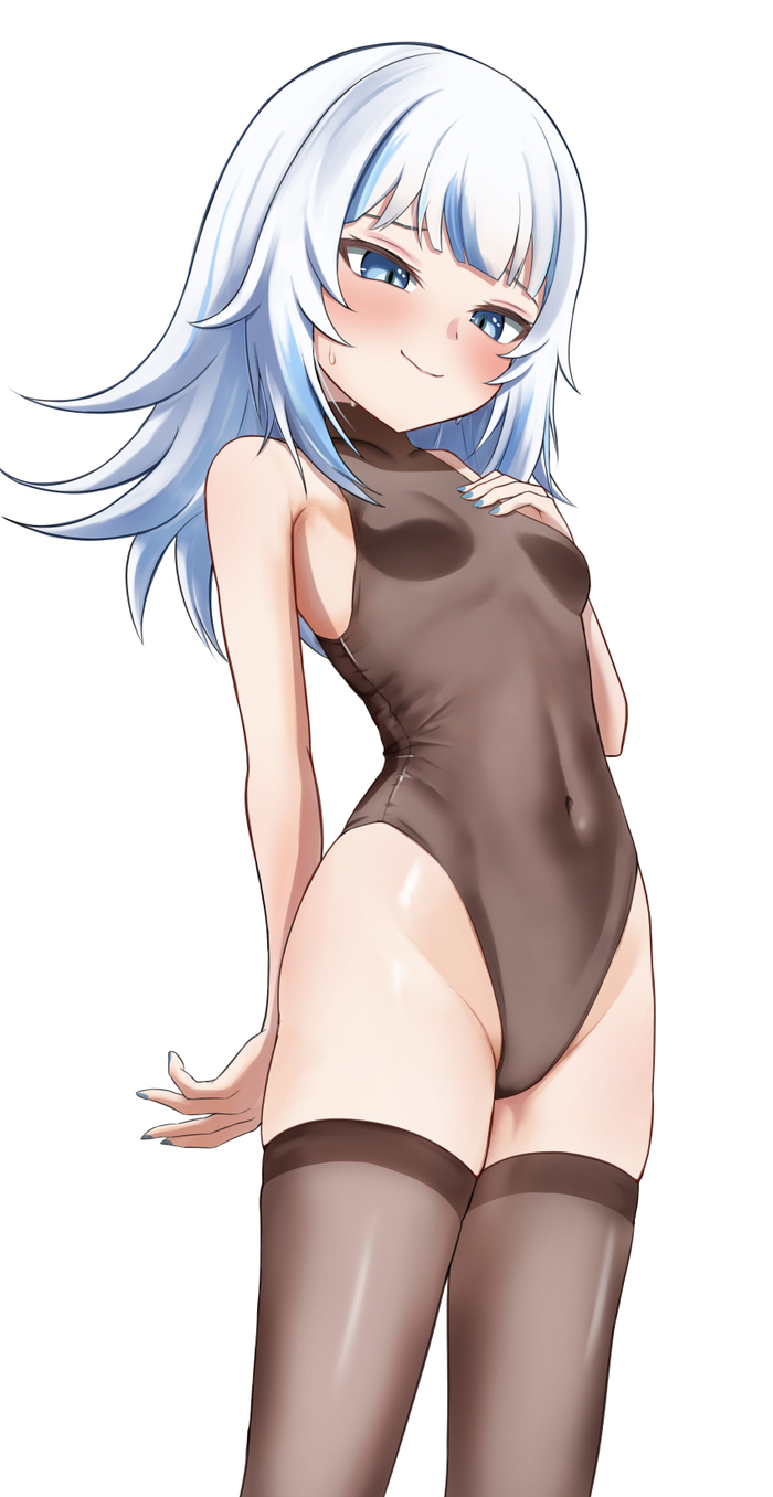 Gura - 18+, Art, Anime, Hololive, Anime art, Gawr gura, Bodysuit, Stockings, Hips, Navel, Girls, Hand-drawn erotica, Virtual youtuber, NSFW