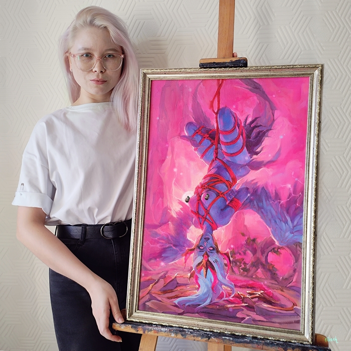 Oil painting - 18+, My, Dota 2, Vengeful Spirit, Painting, Oil painting, Girls, Shibari, Longpost, NSFW