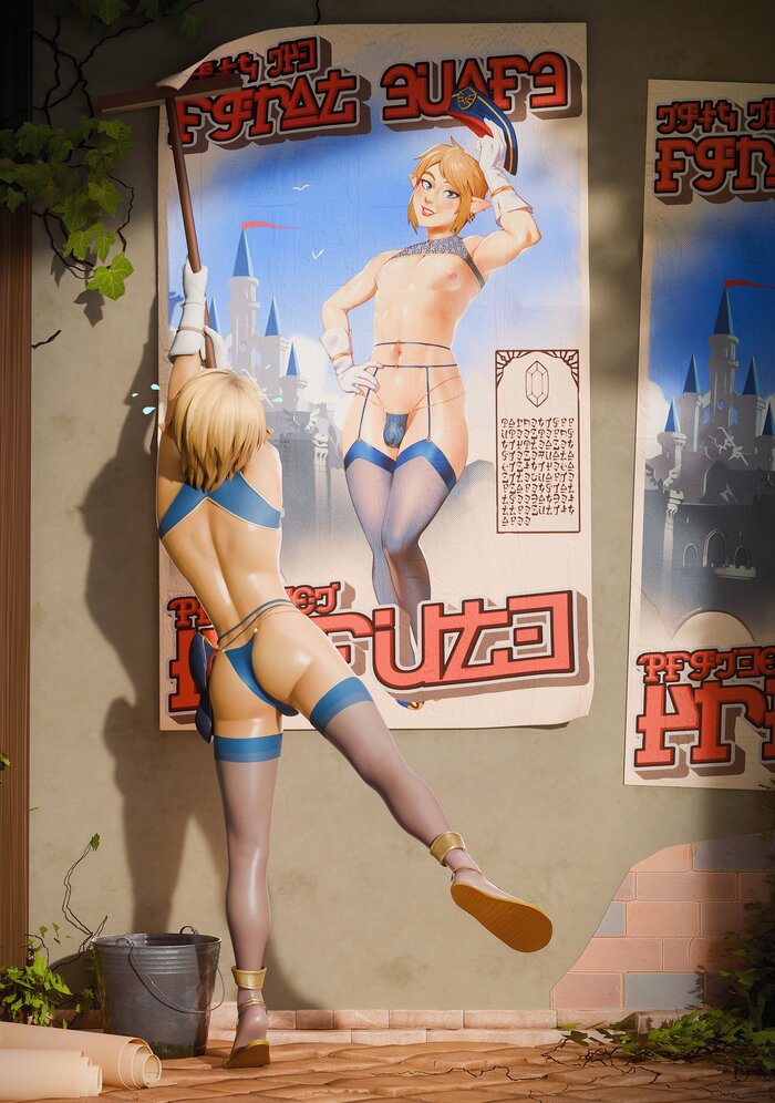 Poster - 18+, Art, 3D, Games, The legend of zelda, Link, Femboy, Form, Thong, Stockings, Elves, Poster, Fugtrup, Longpost, NSFW