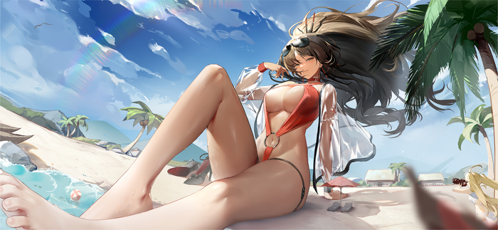 On the beach - 18+, Anime art, Giantess, Beach, Swimsuit, Landscape, Palm trees, Haze Reverb, NSFW