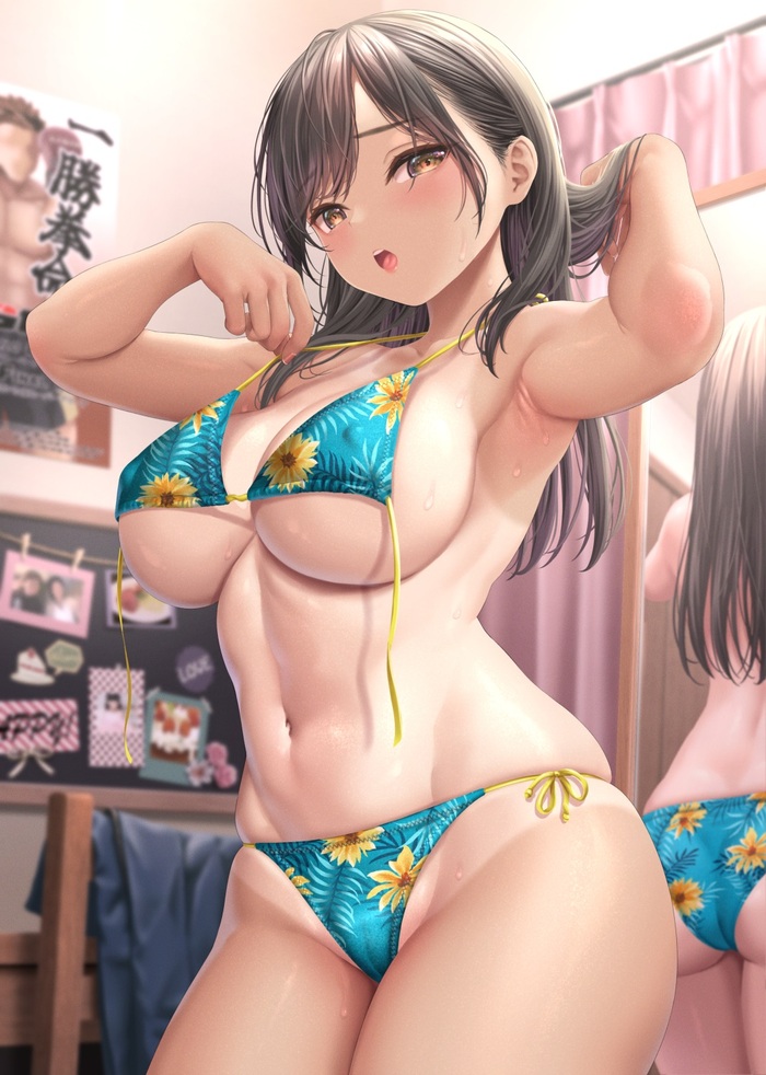 New swimsuit - NSFW, Art, Anime art, Original character, Girls, Erotic, Swimsuit, Bikini, Boobs, Booty, Mirror, Reflection, Tan line, Sweating, Kase daiki, Longpost