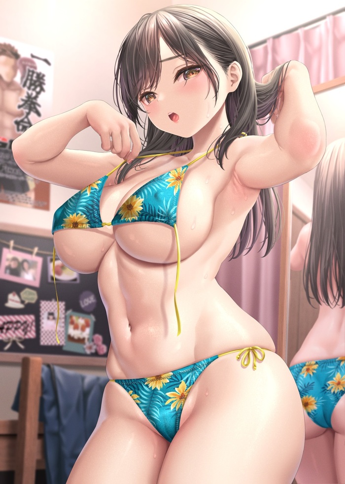 New swimsuit - NSFW, Art, Anime art, Original character, Girls, Erotic, Swimsuit, Bikini, Boobs, Booty, Mirror, Reflection, Tan line, Sweating, Kase daiki, Longpost