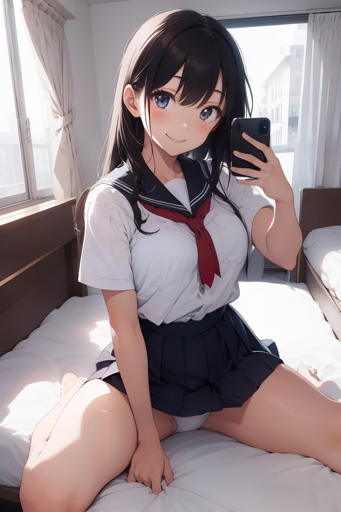 Selfie - NSFW, My, Stable diffusion, Нейронные сети, Girls, Art, Anime, Anime art, Original character, School uniform, Pantsu, Selfie