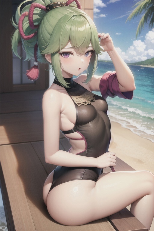 Beach season in Genshin Impact [2] - NSFW, My, Stable diffusion, Neural network art, Anime art, Yae miko, Kuki Shinobu, Diluc, Kamisato Ayaka, Keqing, Swimsuit, Longpost