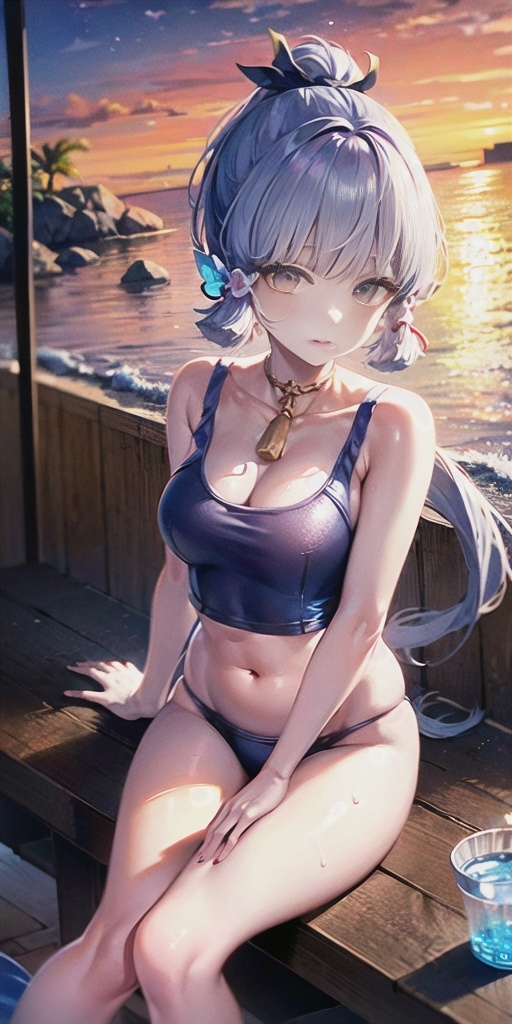 Beach season in Genshin Impact [2] - NSFW, My, Stable diffusion, Neural network art, Anime art, Yae miko, Kuki Shinobu, Diluc, Kamisato Ayaka, Keqing, Swimsuit, Longpost