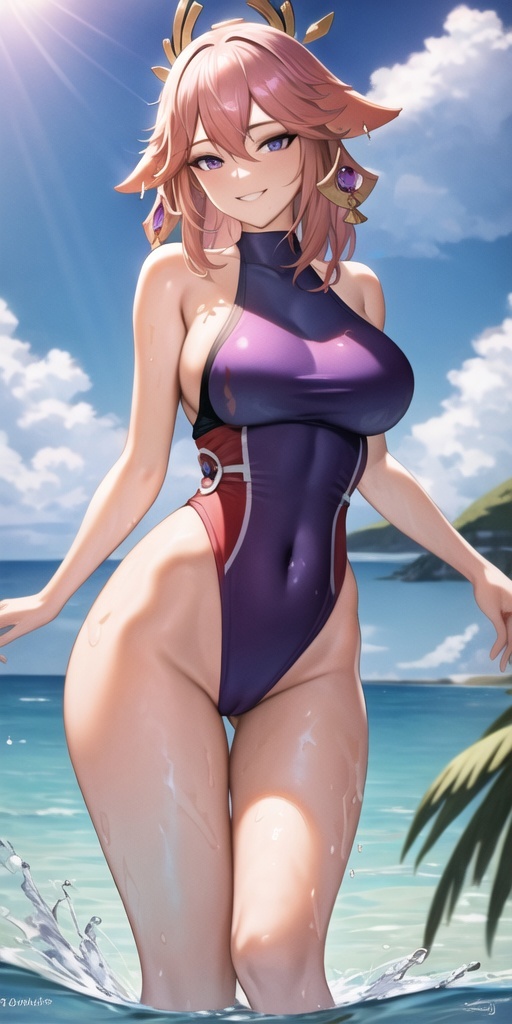 Beach season in Genshin Impact [2] - NSFW, My, Stable diffusion, Neural network art, Anime art, Yae miko, Kuki Shinobu, Diluc, Kamisato Ayaka, Keqing, Swimsuit, Longpost