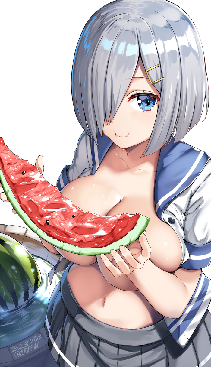 Hamakaze - NSFW, Эротика, Арт, Hamakaze, Kantai Collection, Девушки, Арбуз, Рисованная эротика, Anime Art, Belko