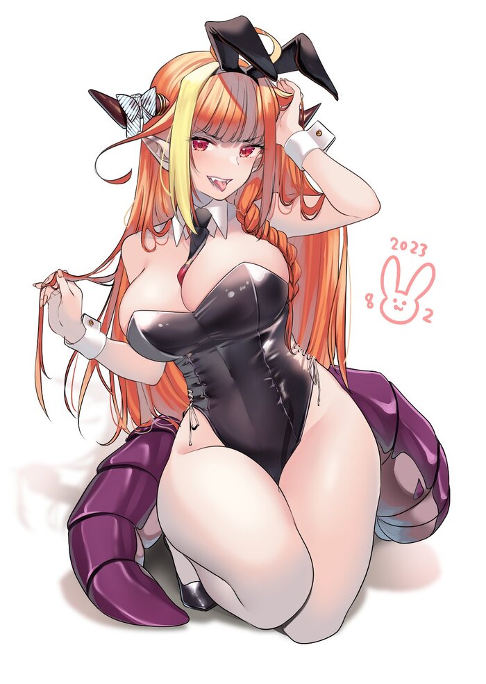 Good Morning Motherf***ers - NSFW, Art, Anime, Anime art, Hand-drawn erotica, Erotic, Hololive, Kiryu Coco, Girl with Horns, Bunnysuit, Longpost