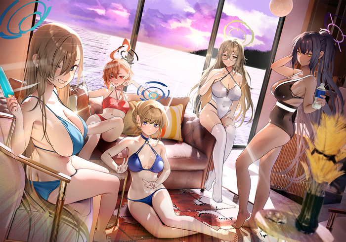 Who do you choose? - NSFW, Anime, Anime art, Art, Blue archive, Ichinose asuna, Mikamo Neru, Asuma Toki, Murokasa Akane, Swimsuit, Boobs, Stockings, Megane, Hand-drawn erotica, Erotic, Nanaken nana