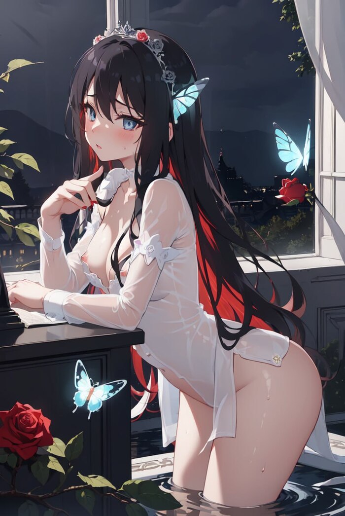 Very atmospheric - NSFW, My, Neural network art, Нейронные сети, Girls, Anime, Art, Anime art, Brunette, Hand-drawn erotica, Erotic, Boobs, Labia, Vagina, Stockings, Nudity, Without underwear, No panties, Longpost, Artificial Intelligence