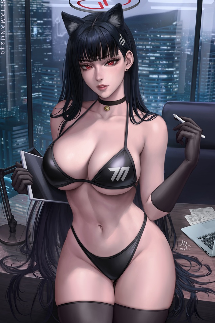 Tsukatsuki Rio (expansion) - NSFW, Art, Drawing, Anime art, Blue archive, Tsukatsuki Rio, Erotic, Hand-drawn erotica, Game art, Underwear, Stockings, Boobs, Swimsuit, Bikini, Topless, Neko, Animal ears, Choker, Office, Sciamano240, Longpost