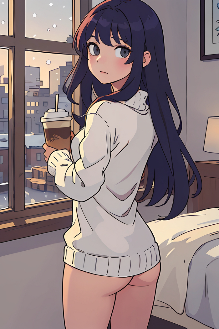 Morning - NSFW, My, Neural network art, Нейронные сети, Girls, Stable diffusion, Anime, Anime art, Original character, Pullover, Booty, Coffee, Winter, Morning