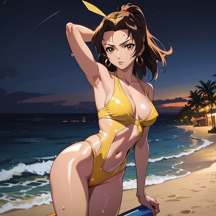 Santa Monica Atmosphere with Faye Valentine - NSFW, My, Neural network art, Нейронные сети, Girls, Anime, Anime art, Hand-drawn erotica, Erotic, Cameltoe, Cowboy bebop, Faye valentine, Swimsuit, Longpost