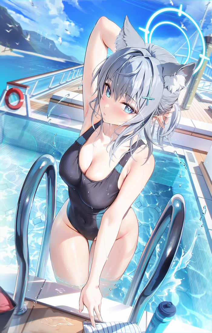 Sunaookami Shiroko - NSFW, Аниме, Anime Art, Арт, Девушки, Sunaookami Shiroko, Animal Ears, Купальник, Houkisei (Houkiboshi)