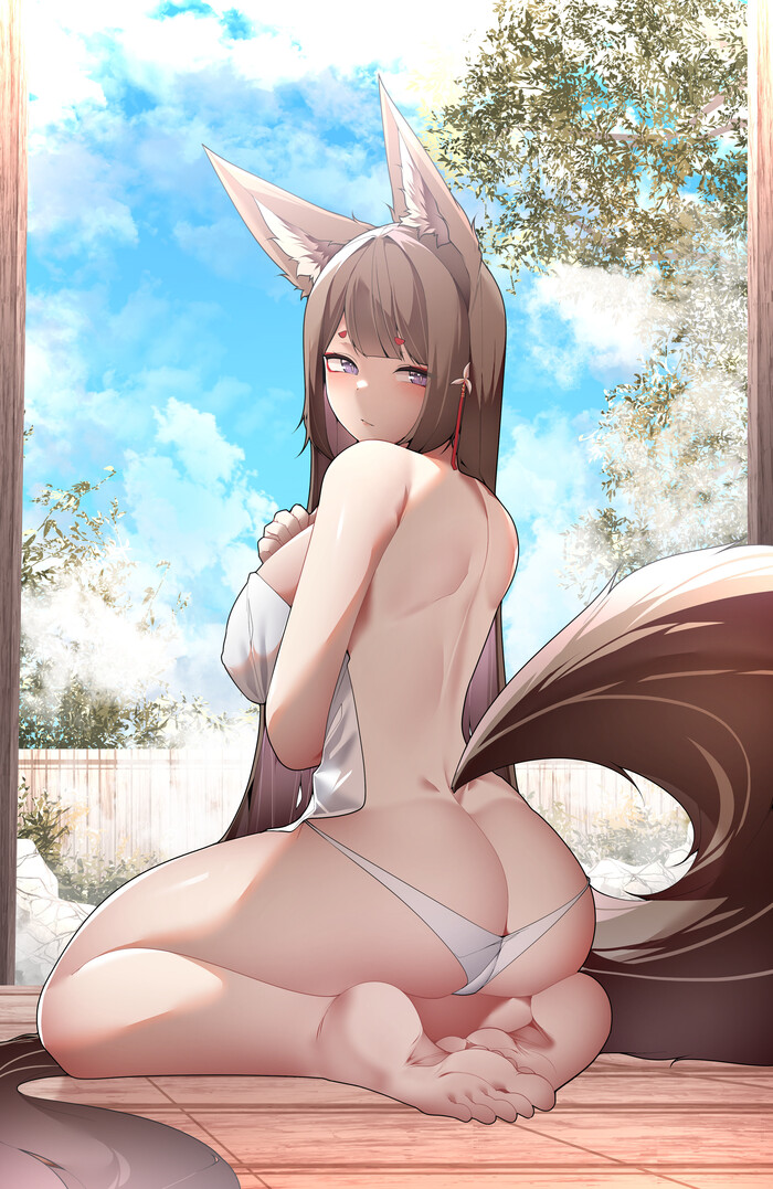 Amagi - NSFW, Samip, Art, Anime, Anime art, Hand-drawn erotica, Azur lane, Amagi, Animal ears, Tail, Pantsu, Foot fetish