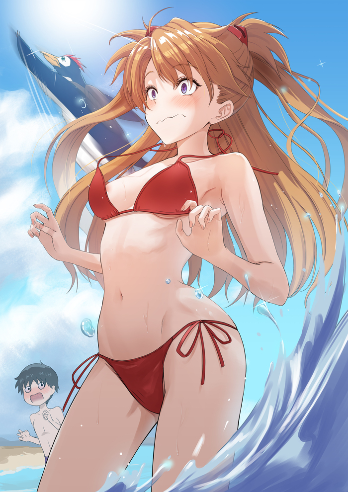 Prankster Pen-pen - NSFW, Evangelion, Asuka langley, Shinji Ikari, Pen-pen, Anime art, Anime