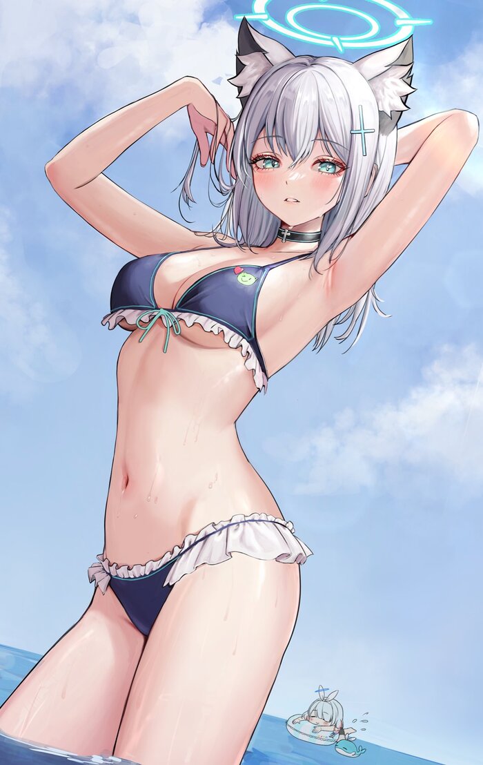 Sunaookami Shiroko - NSFW, Anime, Anime art, Art, Blue archive, Sunaookami shiroko, Arona, Swimsuit, Animal ears, Erotic, Hand-drawn erotica, Choker