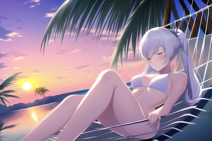 Relaxation - NSFW, Anime, Anime art, Weiss schnee, RWBY, Beach, Neural network art