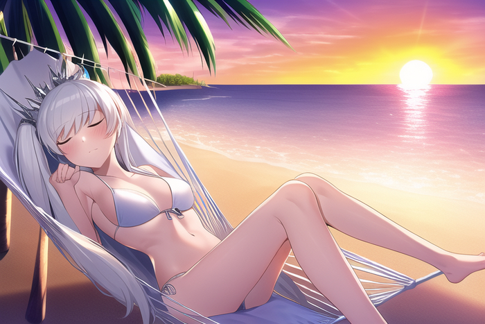 Relaxation - NSFW, Anime, Anime art, Weiss schnee, RWBY, Beach, Neural network art