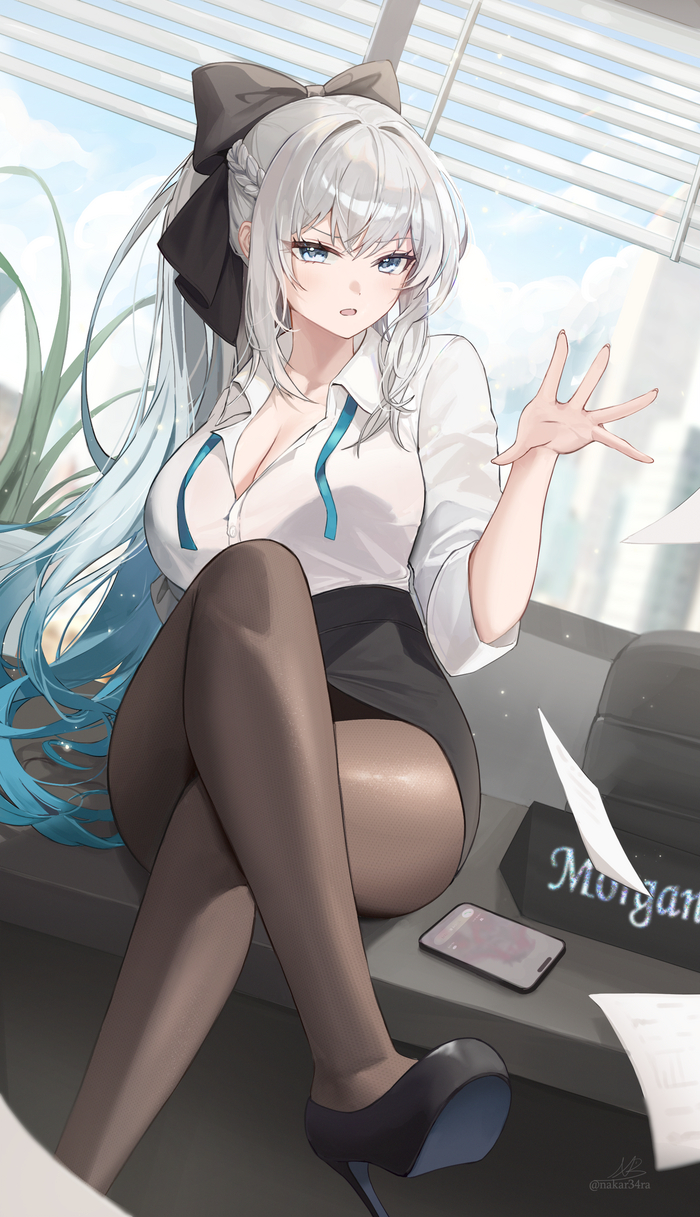 Office Morgan le Fay in stockings from nakar34ra - NSFW, Anime, Anime art, Fate, Fate grand order, Morgan le fay, Stockings, Long hair, Hand-drawn erotica