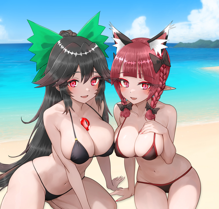 Rin & Reiuji - NSFW, Touhou, Kaenbyou rin, Reiuji Utsuho, Anime, Anime art, Swimsuit, Boobs, Beach, Animal ears, Erotic, Hand-drawn erotica