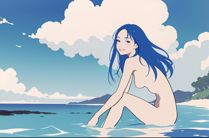 Blue sky - NSFW, My, Neural network art, Нейронные сети, Girls, Stable diffusion, Anime art, Original character, Boobs, Sea, Sky, Summer, Beach