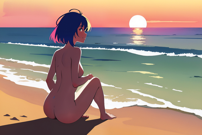 Sunset - NSFW, My, Neural network art, Нейронные сети, Girls, Stable diffusion, Anime art, Original character, Boobs, Booty, Sea, Beach, Sunset, Summer, Longpost