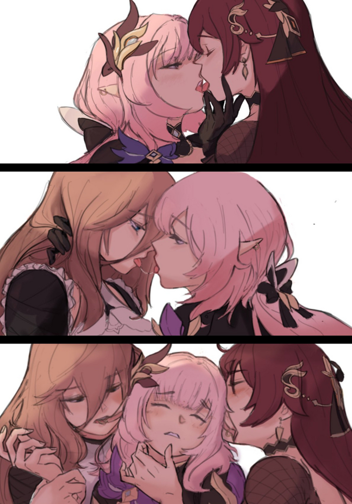 Tenderness and French kisses Elysia, Eden and Aponia from Honkai Impact by eimikohaver - NSFW, Anime, Anime art, Hand-drawn erotica, Yuri, Elysia, Eden, Aponia, Kiss, Long hair