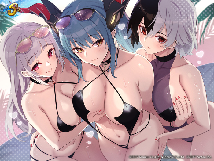 Bruenhilde & Regensburg & Yorck - NSFW, Erotic, Art, Bruenhilde (Azur Lane), Regensburg, Girls, Boobs, Bikini, Swimsuit, Girl with Horns, Sunglasses, Hand-drawn erotica, Game art, Anime art