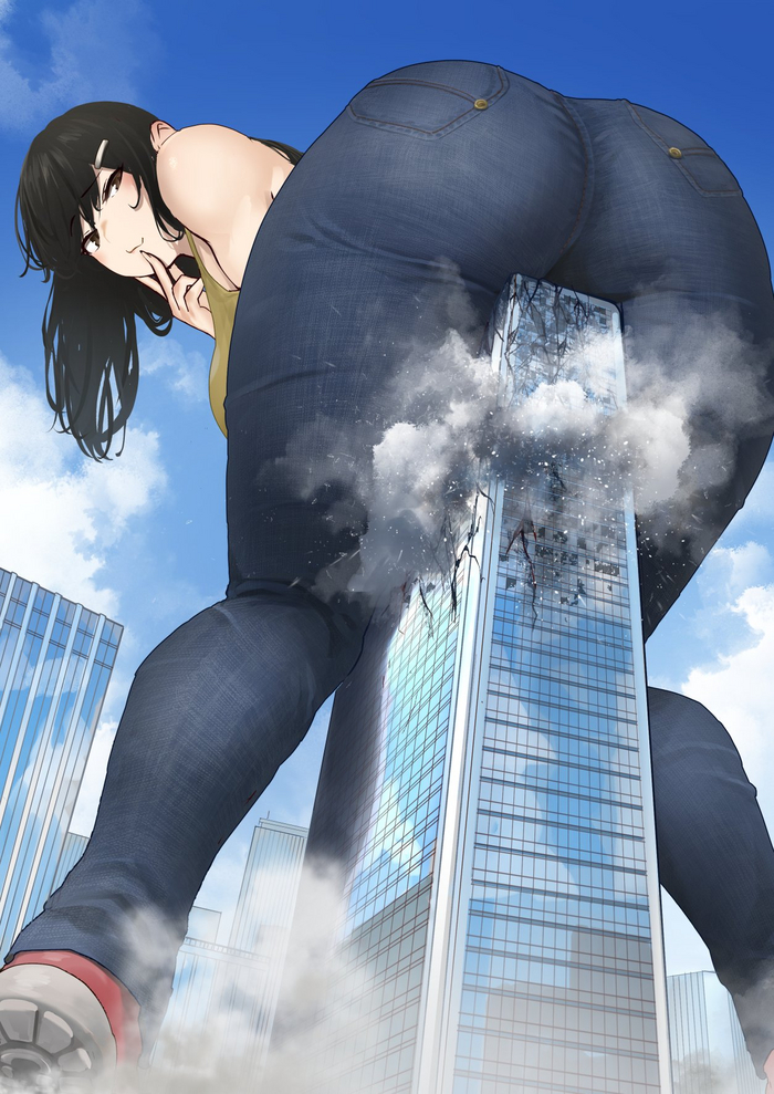 Oops!~ - NSFW, Skyscraper, Town, Booty, Destruction, Jeans, Uru, Anime art