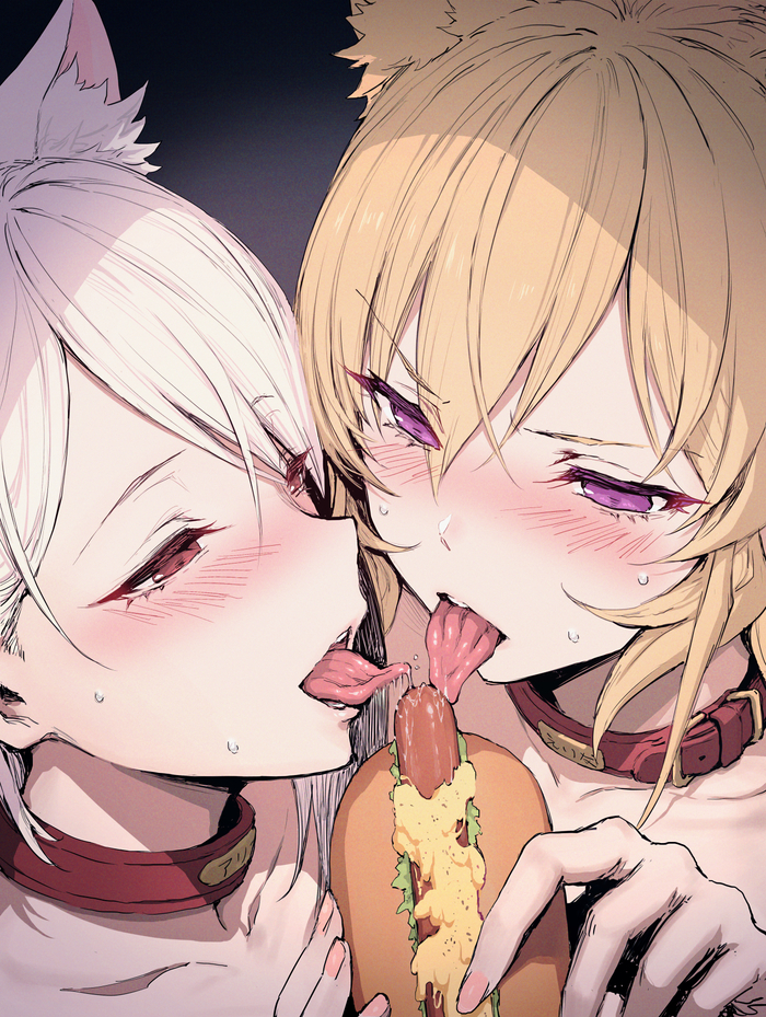 Bon Appetit - NSFW, Anime art, Anime, Nakiri Alice, Nakiri Erina, Hot Dog, Language, Animal ears