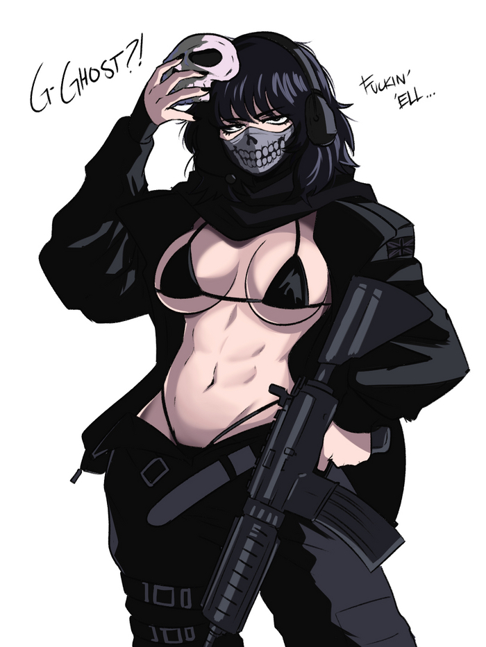 Rule 63 for Ghost from Call of Duty by TinaFate1 - NSFW, Anime, Anime art, Hand-drawn erotica, Call of duty, Rule 63, Press, Swimsuit, Machine, Boobs, Military