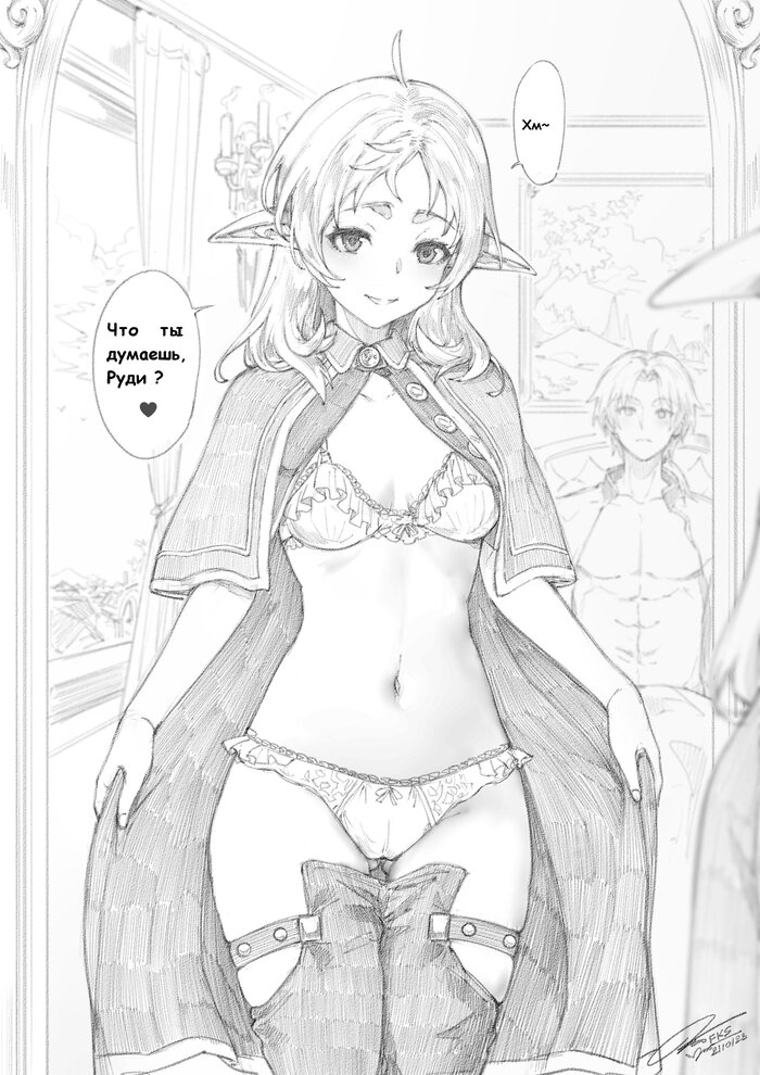 Sylphiette - NSFW, Art, Anime, Anime art, Mushoku tensei, Sylphiette, Elves, Girls, Erotic, Hand-drawn erotica, Underwear, Boobs, Pantsu, Mirror, Reflection, Black and white, Monochrome