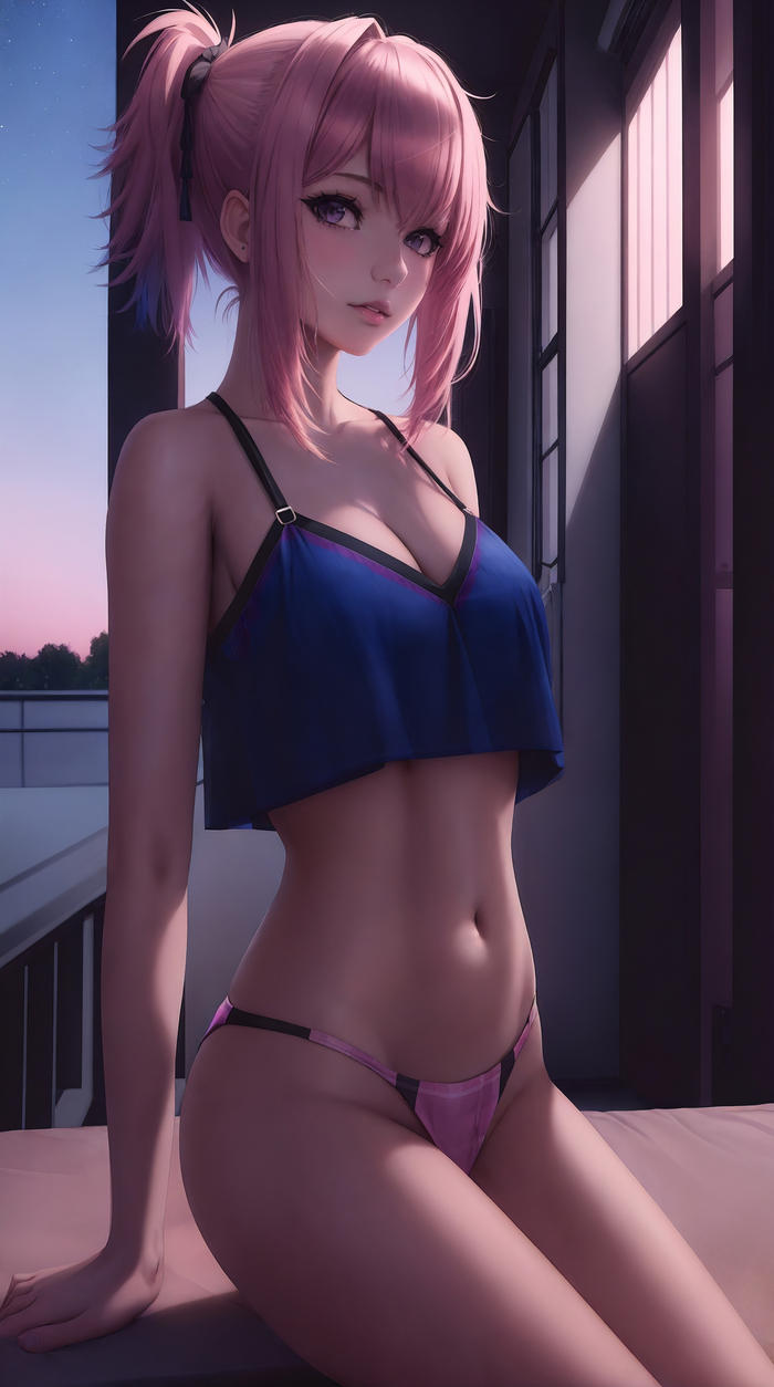 Pink - NSFW, Моё, Аниме, Anime Art, Арты нейросетей, Арт, Девушки, Цветные волосы, Панцу, Обои на телефон