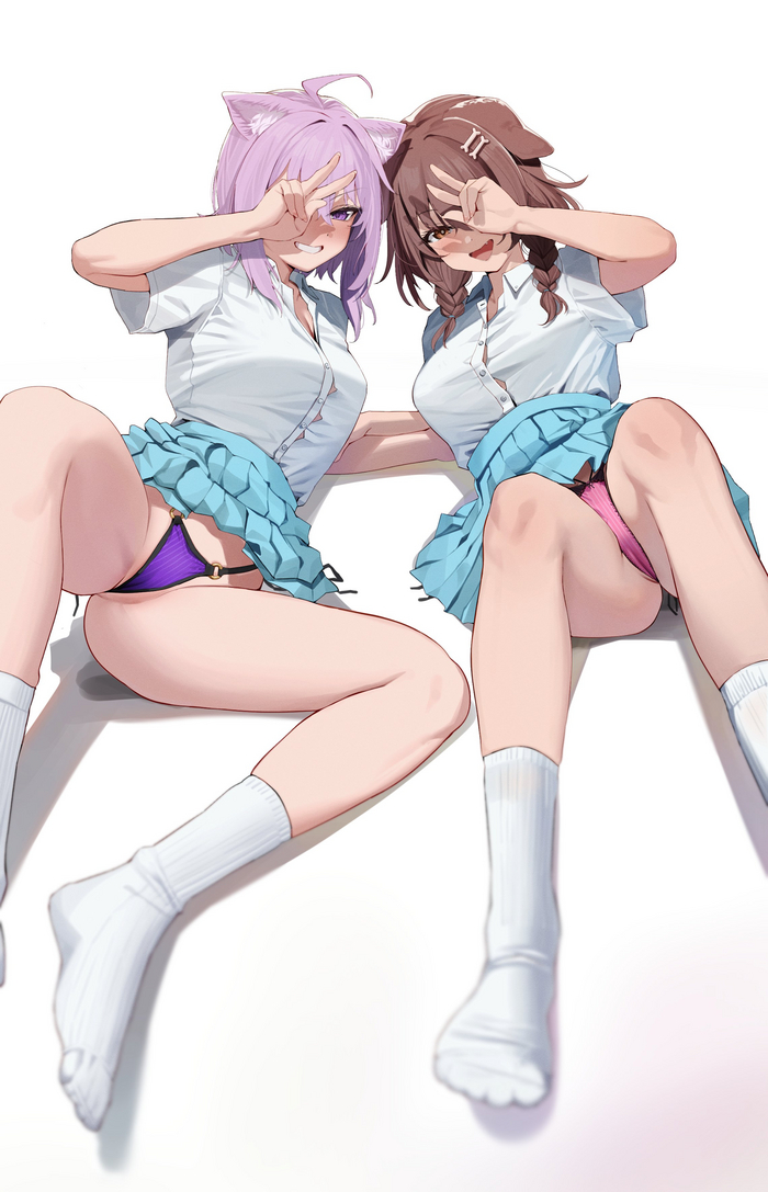 Okayu & Korone - NSFW, Anime art, Anime, Virtual youtuber, Hololive, Inugami Korone, Animal ears