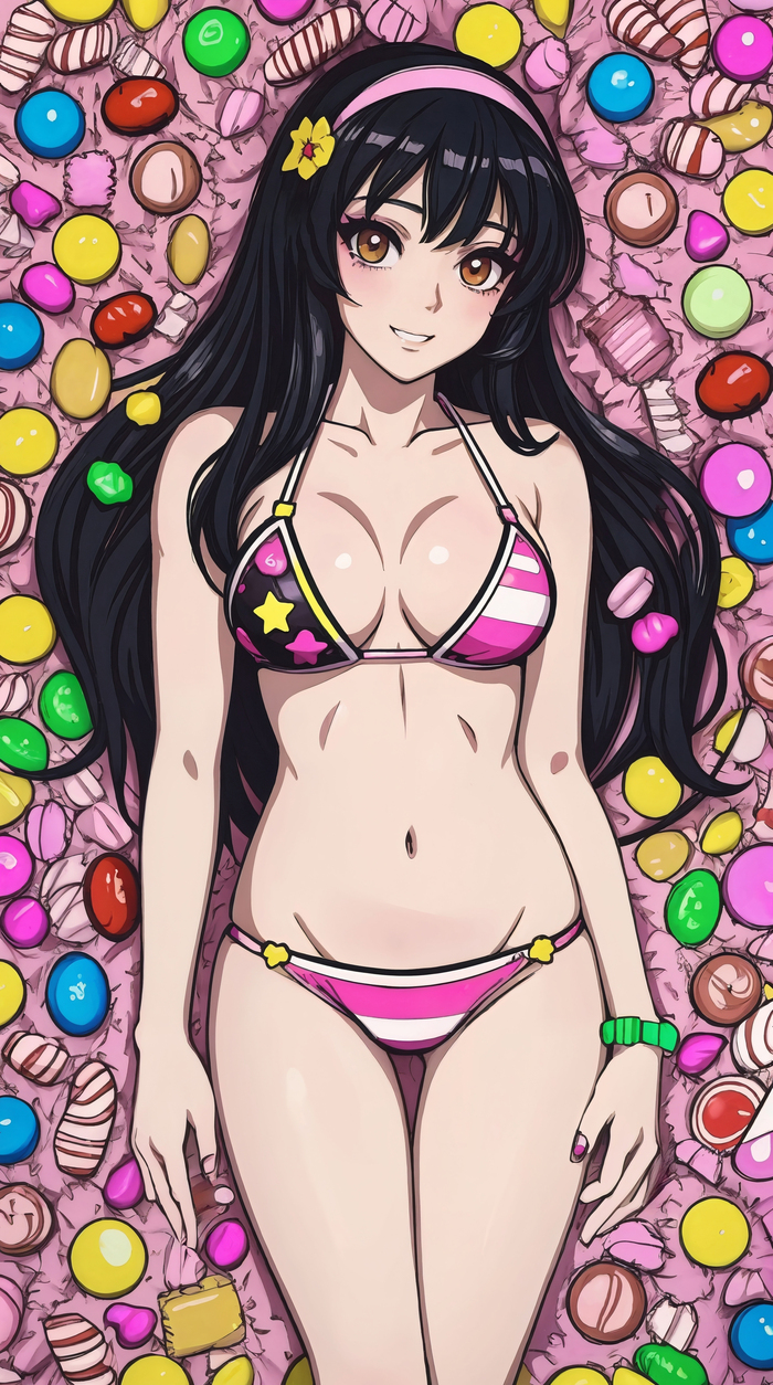 Sweet - NSFW, My, Anime, Anime art, Neural network art, Art, Girls, Bikini, Sweets, Phone wallpaper, Stable diffusion