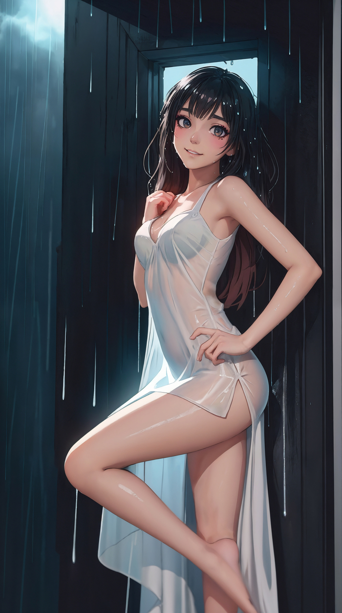 Wet - NSFW, Моё, Аниме, Anime Art, Арты нейросетей, Арт, Девушки, Мокрая, Платье, Ноги, Stable Diffusion, Мокрые