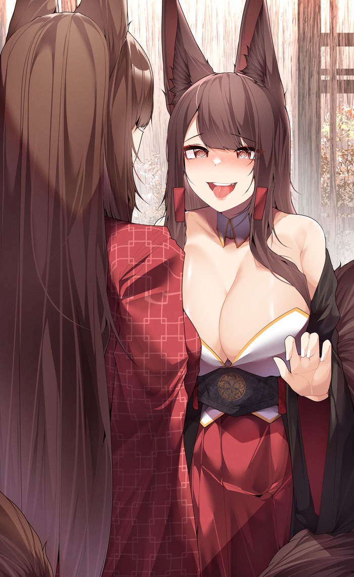 Continuation of the post Eared - NSFW, Samip, Art, Anime, Anime art, Azur lane, Amagi, Hand-drawn erotica, Erotic, Pantsu, Animal ears, Tail, Reply to post, Longpost, Yuri