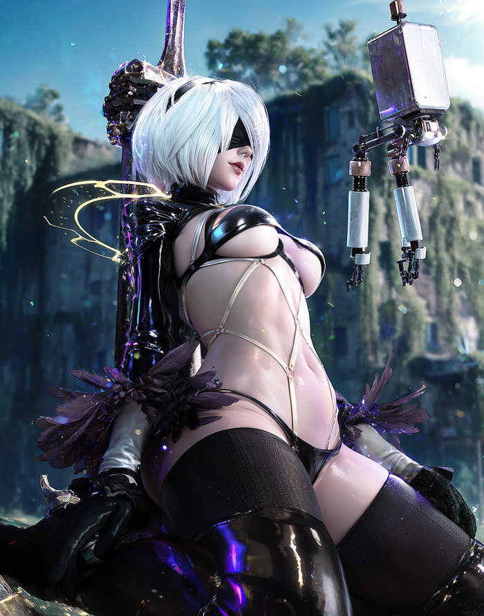 YoRHa No.2 Type B - NSFW, Эротика, Арт, Yorha unit No 2 type B, NIER Automata, Девушки, Сиськи, Чулки, Меч, Game Art, Панцу, Twitter (ссылка), 3D